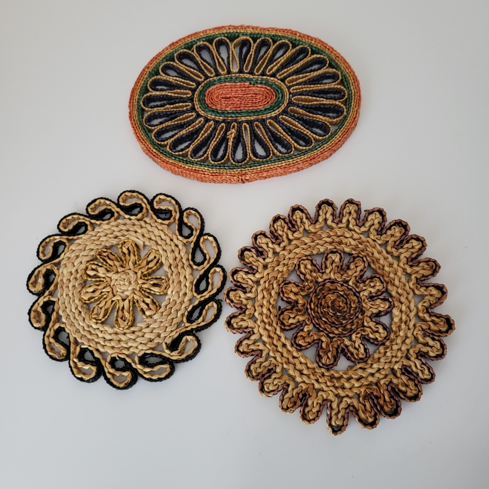 Vintage Rattan Raffia Trivets Lot of Three